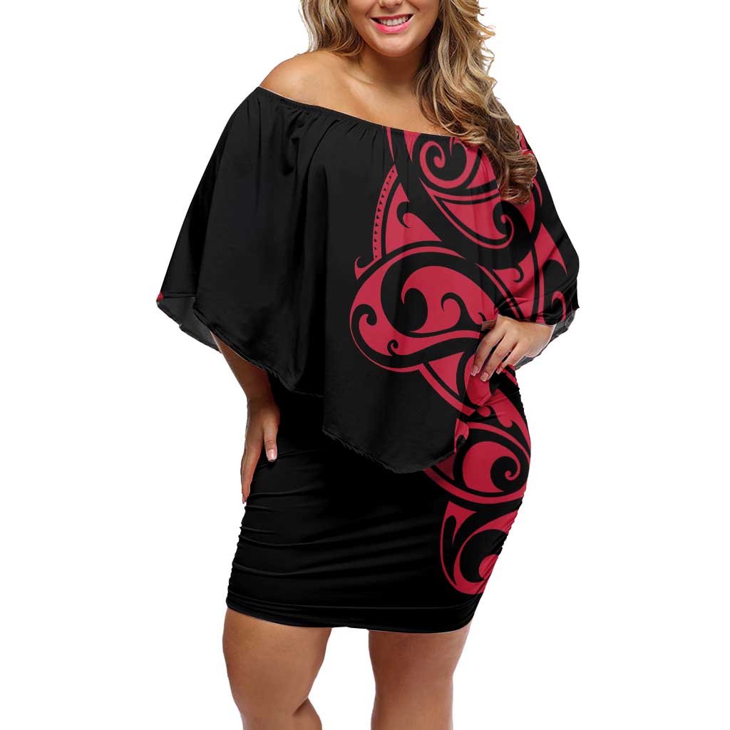All Black Maori Tribal Tattoo Personalised Family Matching Off Shoulder Short Dress and Hawaiian Shirt Classic Red Polynesian Style LT9 Mom's Dress Red - Polynesian Pride