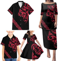 All Black Maori Tribal Tattoo Personalised Family Matching Puletasi and Hawaiian Shirt Classic Red Polynesian Style LT9 - Polynesian Pride