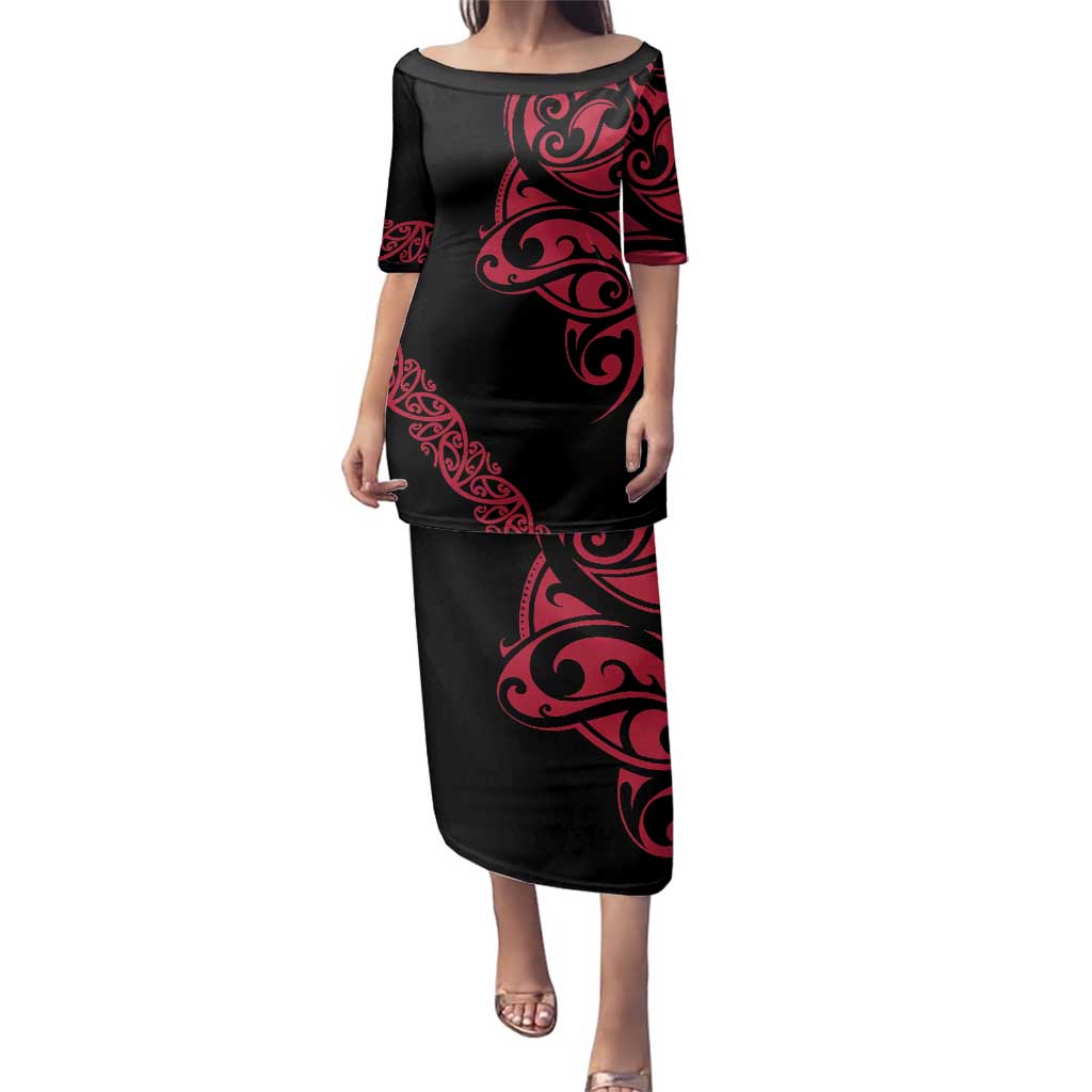 All Black Maori Tribal Tattoo Personalised Family Matching Puletasi and Hawaiian Shirt Classic Red Polynesian Style LT9 Mom's Dress Red - Polynesian Pride