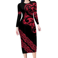 All Black Maori Tribal Tattoo Personalised Long Sleeve Bodycon Dress Classic Red Polynesian Style LT9 Long Dress Red - Polynesian Pride