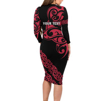 All Black Maori Tribal Tattoo Personalised Long Sleeve Bodycon Dress Classic Red Polynesian Style LT9 - Polynesian Pride