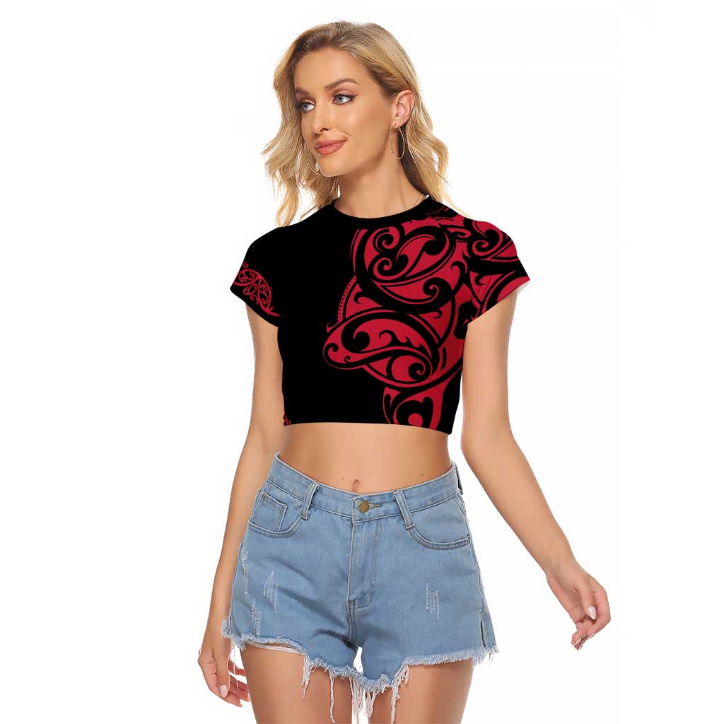 All Black Maori Tribal Tattoo Personalised Raglan Cropped T Shirt Classic Red Polynesian Style - Polynesian Pride