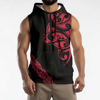 All Black Maori Tribal Tattoo Personalised Sleeveless Zip Hoodie Classic Red Polynesian Style LT9