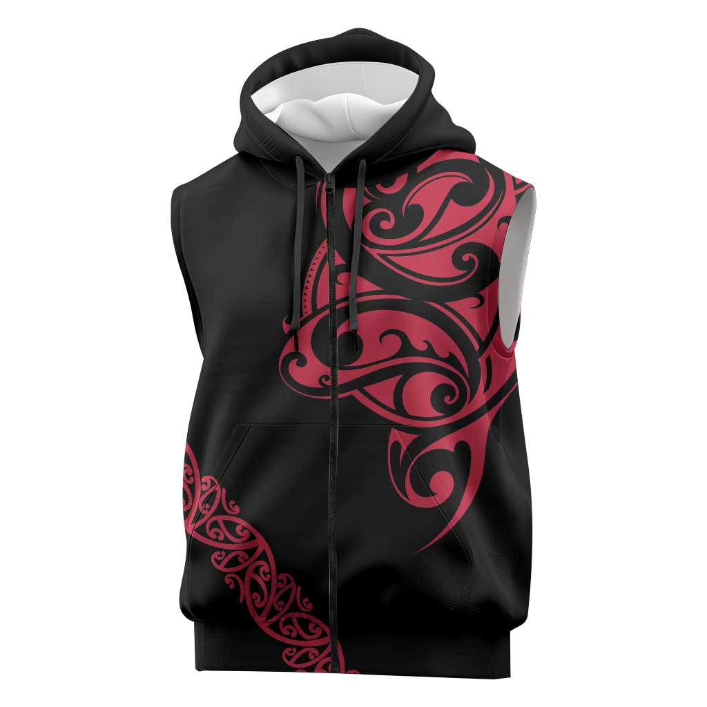 All Black Maori Tribal Tattoo Personalised Sleeveless Zip Hoodie Classic Red Polynesian Style LT9