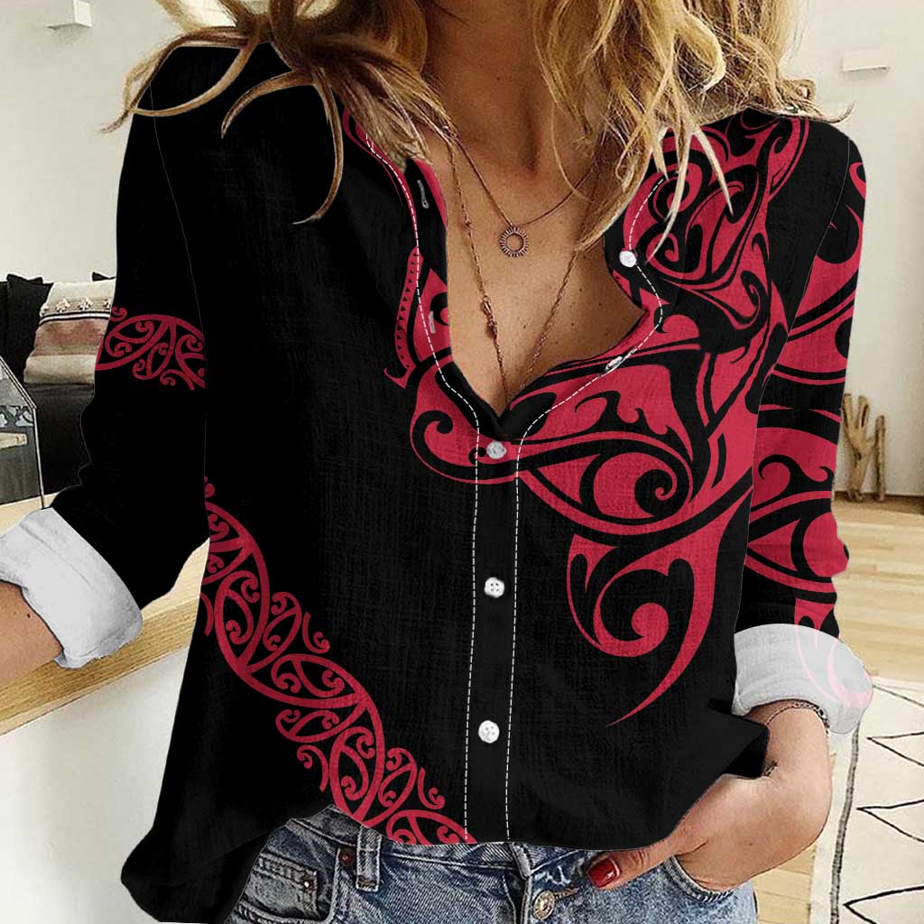 All Black Maori Tribal Tattoo Personalised Women Casual Shirt Classic Red Polynesian Style LT9 Female Red - Polynesian Pride