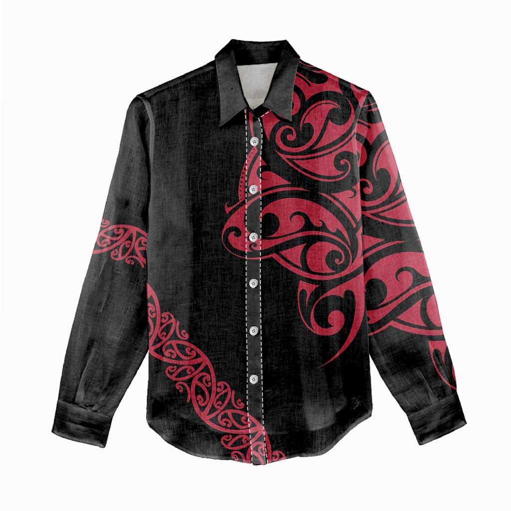 All Black Maori Tribal Tattoo Personalised Women Casual Shirt Classic Red Polynesian Style LT9 - Polynesian Pride