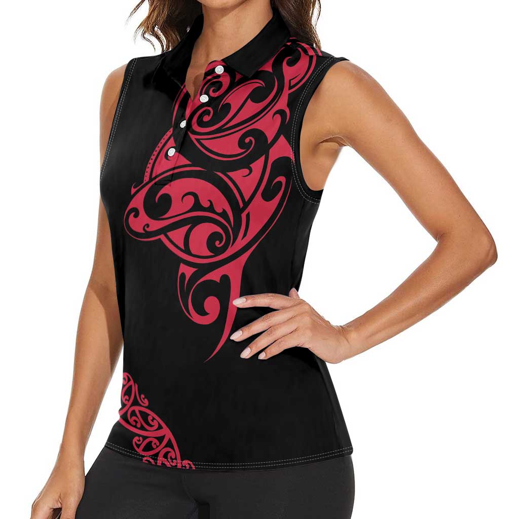 All Black Maori Tribal Tattoo Personalised Women Sleeveless Polo Shirt Classic Red Polynesian Style LT9 - Polynesian Pride