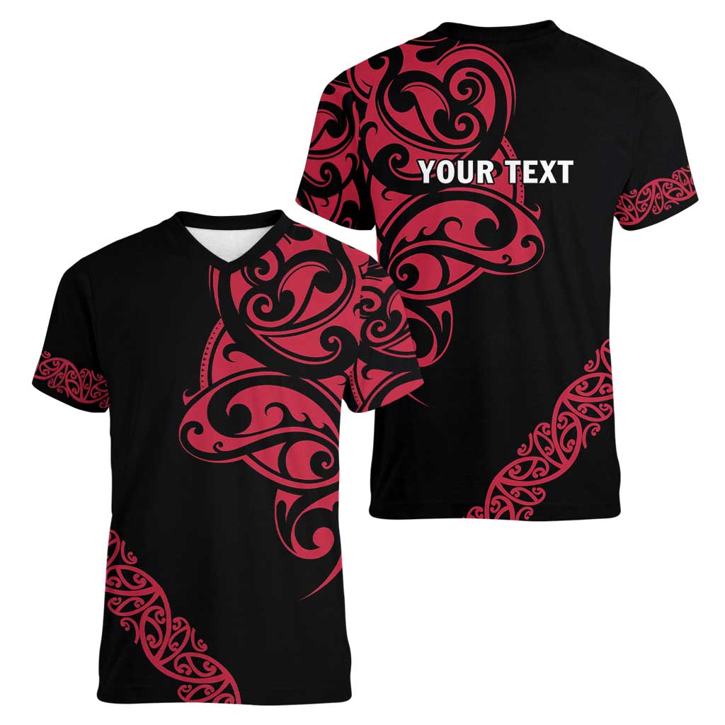 All Black Maori Tribal Tattoo Personalised Women V-Neck T-Shirt Classic Red Polynesian Style LT9 - Polynesian Pride