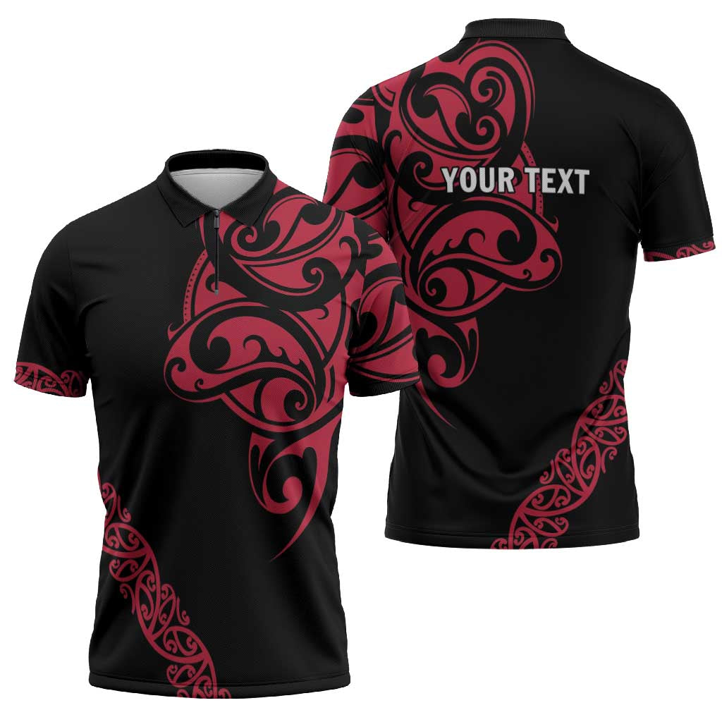 All Black Maori Tribal Tattoo Personalised Zipper Polo Shirt Classic Red Polynesian Style - Polynesian Pride