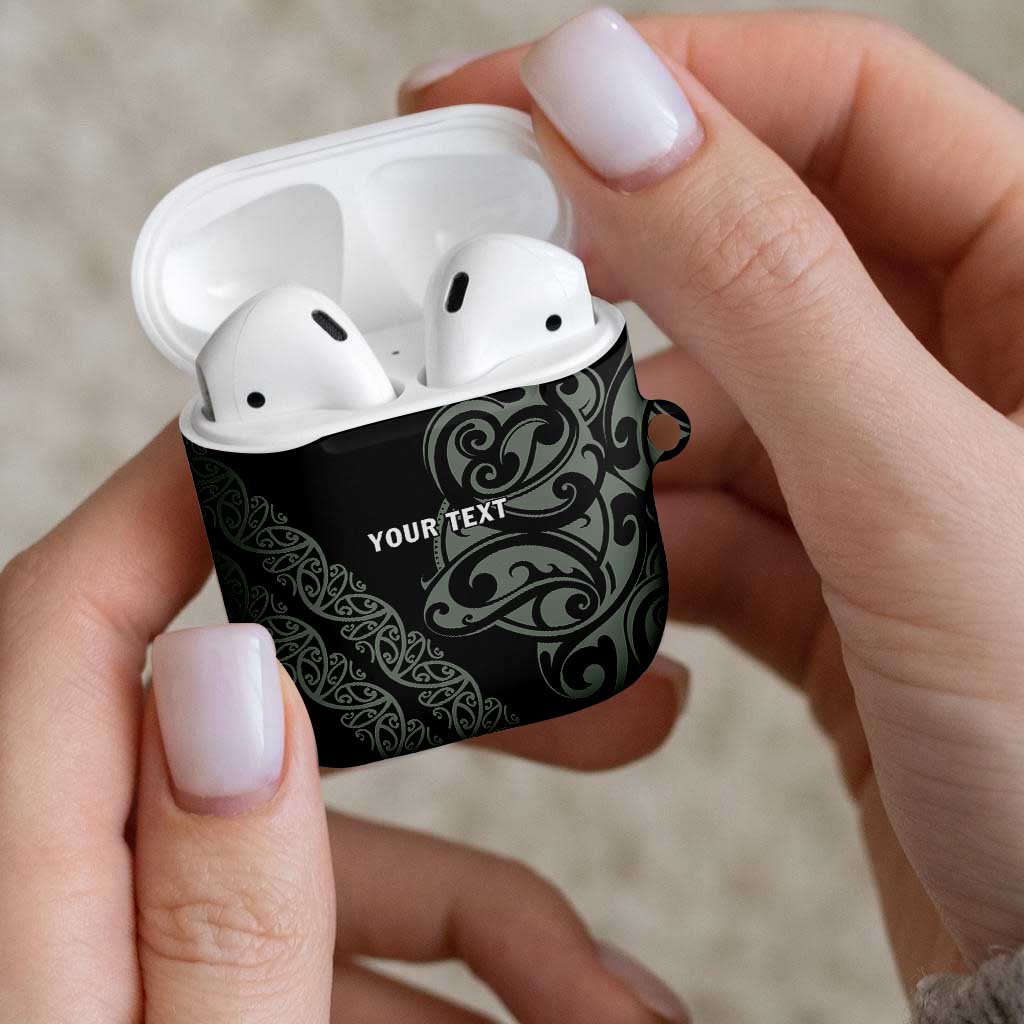 All Black Maori Tribal Tattoo Personalised AirPods Case Moss Green Polynesian Style - Polynesian Pride