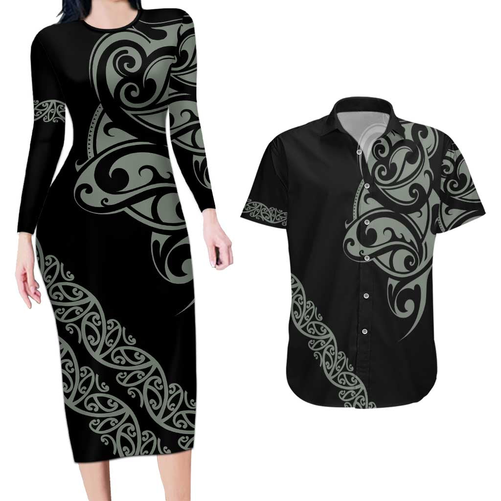 All Black Maori Tribal Tattoo Personalised Couples Matching Long Sleeve Bodycon Dress and Hawaiian Shirt Moss Green Polynesian Style LT9 Green - Polynesian Pride