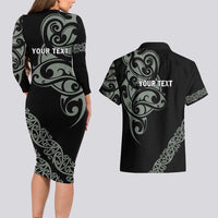 All Black Maori Tribal Tattoo Personalised Couples Matching Long Sleeve Bodycon Dress and Hawaiian Shirt Moss Green Polynesian Style LT9 - Polynesian Pride