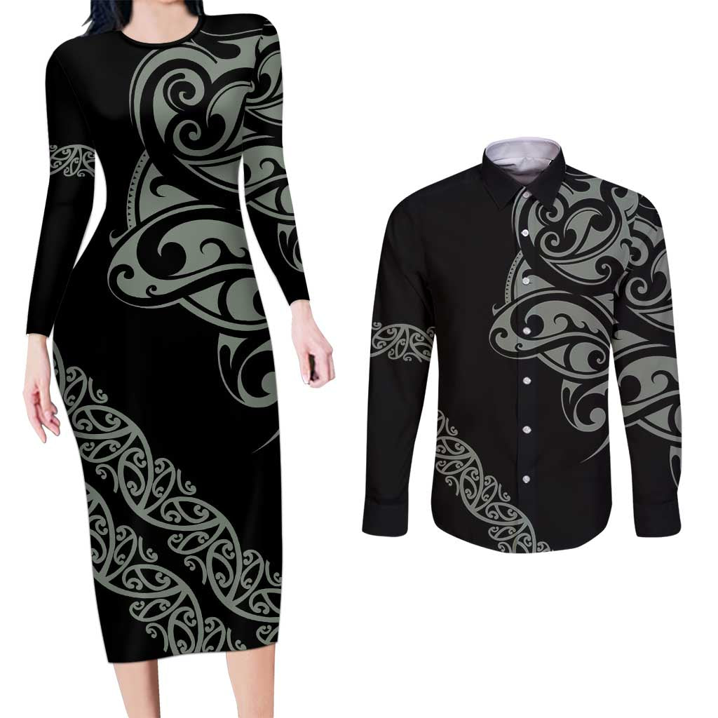 All Black Maori Tribal Tattoo Personalised Couples Matching Long Sleeve Bodycon Dress and Long Sleeve Button Shirt Moss Green Polynesian Style LT9 Green - Polynesian Pride