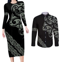 All Black Maori Tribal Tattoo Personalised Couples Matching Long Sleeve Bodycon Dress and Long Sleeve Button Shirt Moss Green Polynesian Style LT9 Green - Polynesian Pride