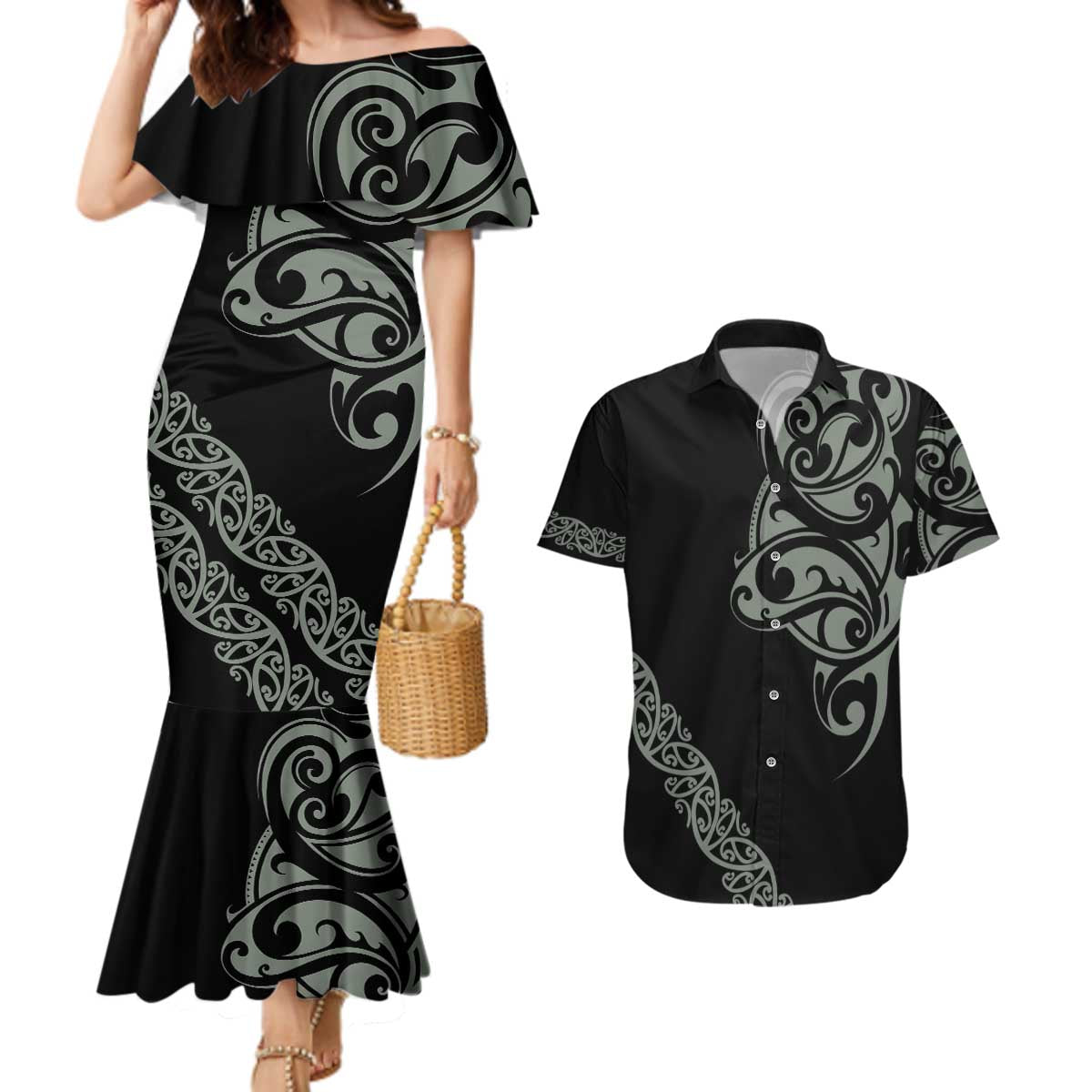 All Black Maori Tribal Tattoo Personalised Couples Matching Mermaid Dress and Hawaiian Shirt Moss Green Polynesian Style LT9 Green - Polynesian Pride