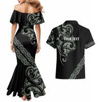 All Black Maori Tribal Tattoo Personalised Couples Matching Mermaid Dress and Hawaiian Shirt Moss Green Polynesian Style LT9 - Polynesian Pride