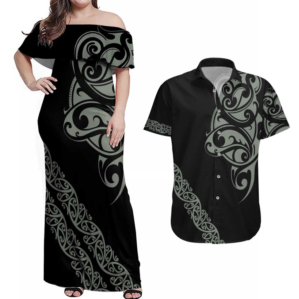 All Black Maori Tribal Tattoo Personalised Couples Matching Off Shoulder Maxi Dress and Hawaiian Shirt Moss Green Polynesian Style LT9 Green - Polynesian Pride