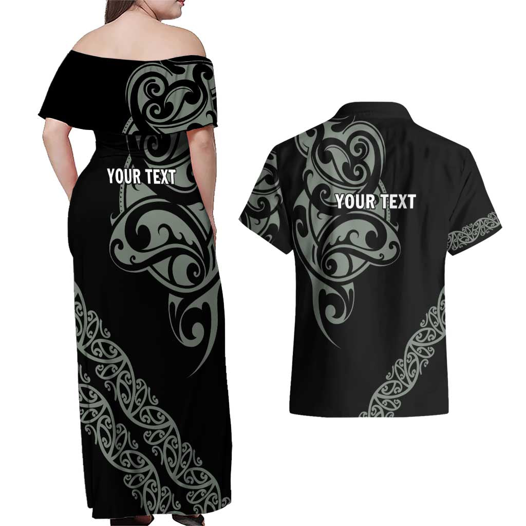 All Black Maori Tribal Tattoo Personalised Couples Matching Off Shoulder Maxi Dress and Hawaiian Shirt Moss Green Polynesian Style LT9 - Polynesian Pride
