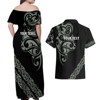 All Black Maori Tribal Tattoo Personalised Couples Matching Off Shoulder Maxi Dress and Hawaiian Shirt Moss Green Polynesian Style LT9 - Polynesian Pride