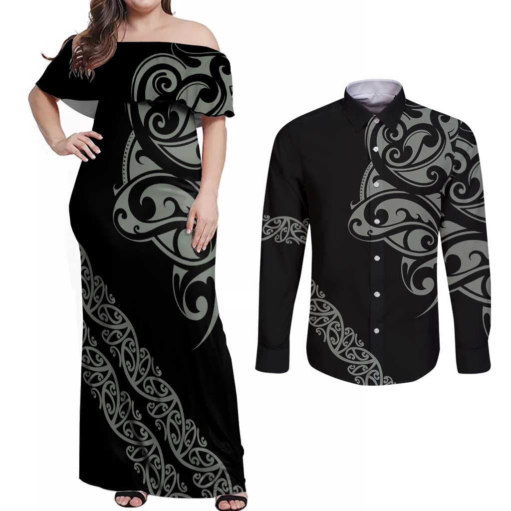 All Black Maori Tribal Tattoo Personalised Couples Matching Off Shoulder Maxi Dress and Long Sleeve Button Shirt Moss Green Polynesian Style LT9 Green - Polynesian Pride