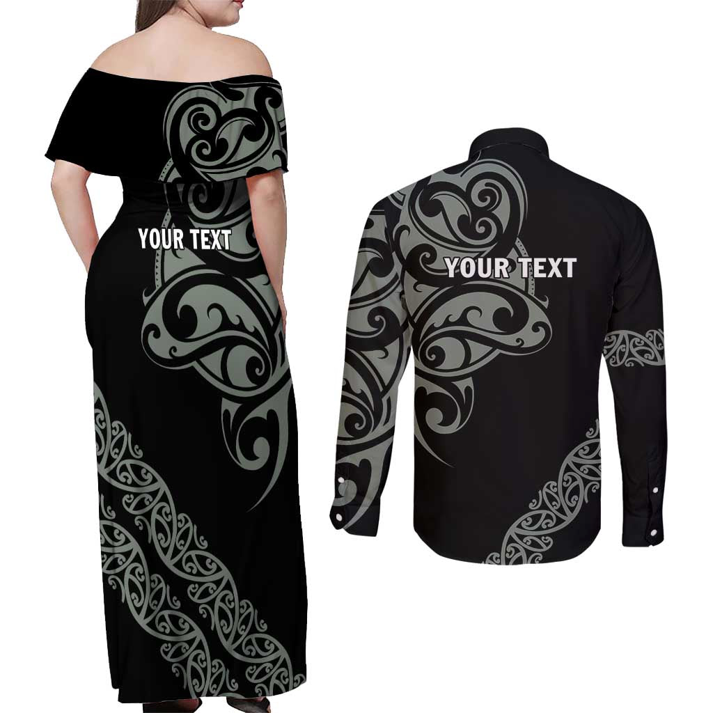 All Black Maori Tribal Tattoo Personalised Couples Matching Off Shoulder Maxi Dress and Long Sleeve Button Shirt Moss Green Polynesian Style LT9 - Polynesian Pride