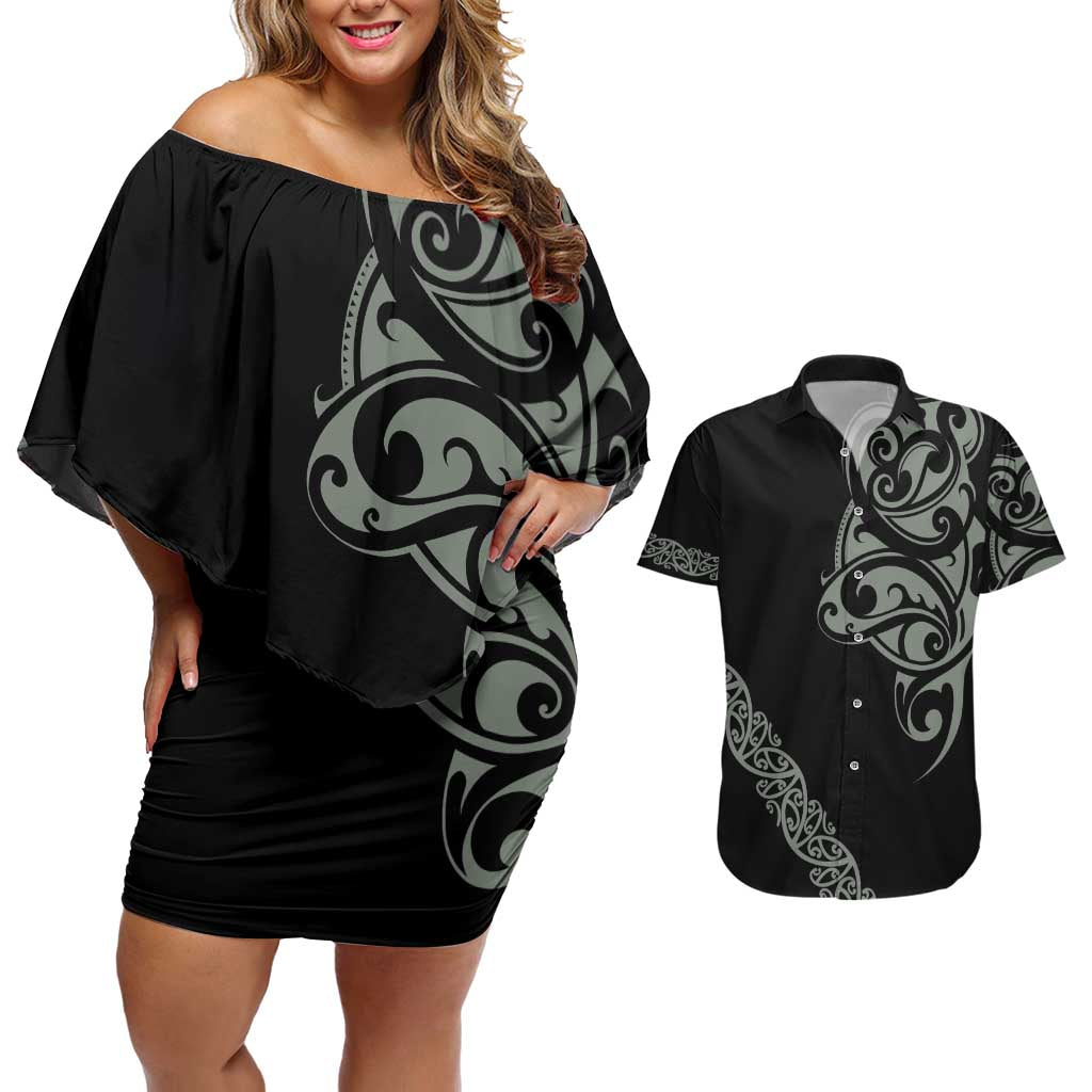 All Black Maori Tribal Tattoo Personalised Couples Matching Off Shoulder Short Dress and Hawaiian Shirt Moss Green Polynesian Style LT9 Green - Polynesian Pride