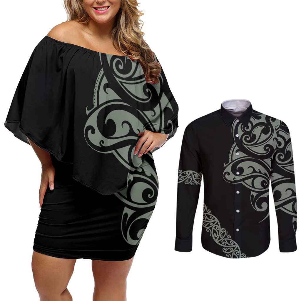 All Black Maori Tribal Tattoo Personalised Couples Matching Off Shoulder Short Dress and Long Sleeve Button Shirt Moss Green Polynesian Style LT9 Green - Polynesian Pride