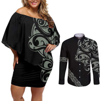 All Black Maori Tribal Tattoo Personalised Couples Matching Off Shoulder Short Dress and Long Sleeve Button Shirt Moss Green Polynesian Style LT9 Green - Polynesian Pride