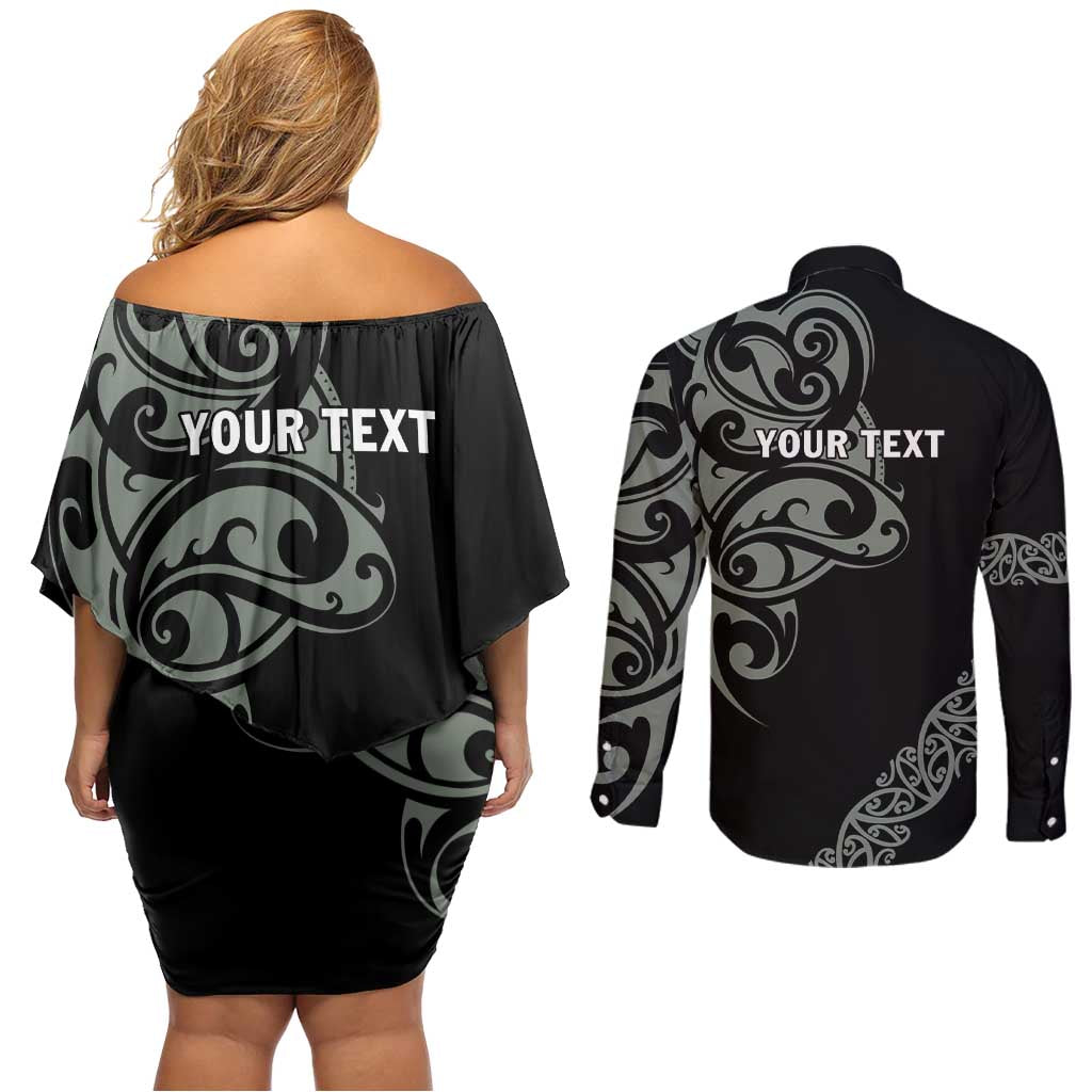 All Black Maori Tribal Tattoo Personalised Couples Matching Off Shoulder Short Dress and Long Sleeve Button Shirt Moss Green Polynesian Style LT9 - Polynesian Pride