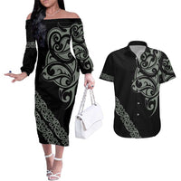 All Black Maori Tribal Tattoo Personalised Couples Matching Off The Shoulder Long Sleeve Dress and Hawaiian Shirt Moss Green Polynesian Style LT9 Green - Polynesian Pride