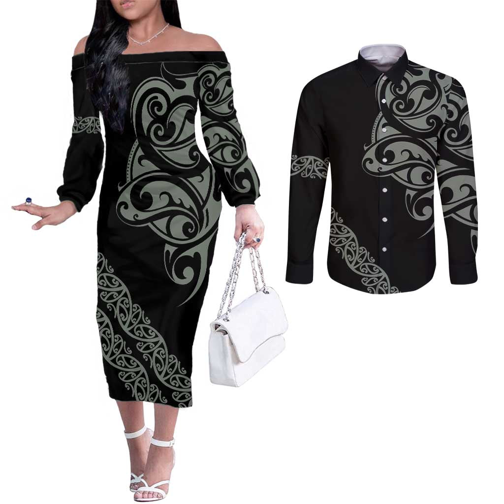 All Black Maori Tribal Tattoo Personalised Couples Matching Off The Shoulder Long Sleeve Dress and Long Sleeve Button Shirt Moss Green Polynesian Style LT9 Green - Polynesian Pride