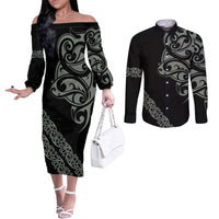 All Black Maori Tribal Tattoo Personalised Couples Matching Off The Shoulder Long Sleeve Dress and Long Sleeve Button Shirt Moss Green Polynesian Style LT9 Green - Polynesian Pride
