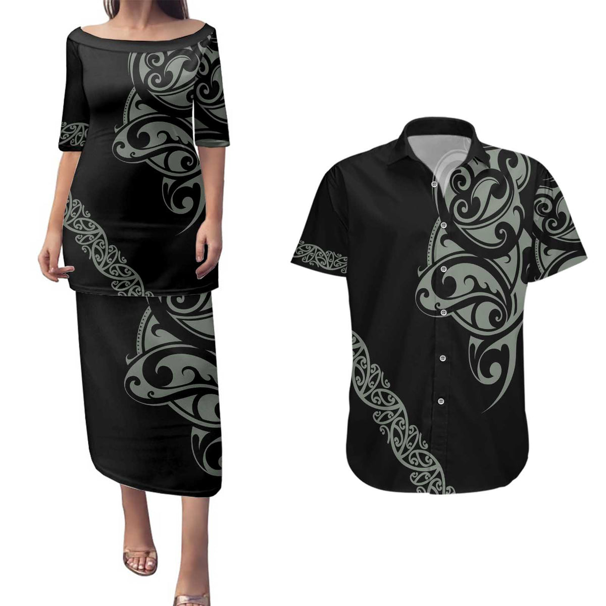 All Black Maori Tribal Tattoo Personalised Couples Matching Puletasi and Hawaiian Shirt Moss Green Polynesian Style LT9 Green - Polynesian Pride