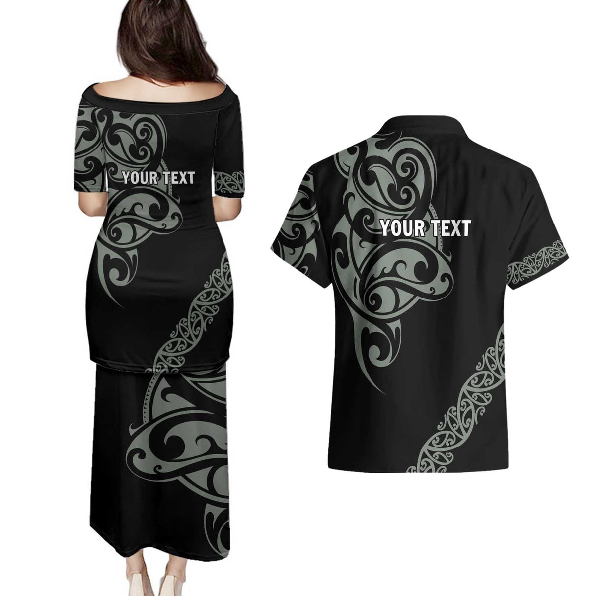All Black Maori Tribal Tattoo Personalised Couples Matching Puletasi and Hawaiian Shirt Moss Green Polynesian Style LT9 - Polynesian Pride