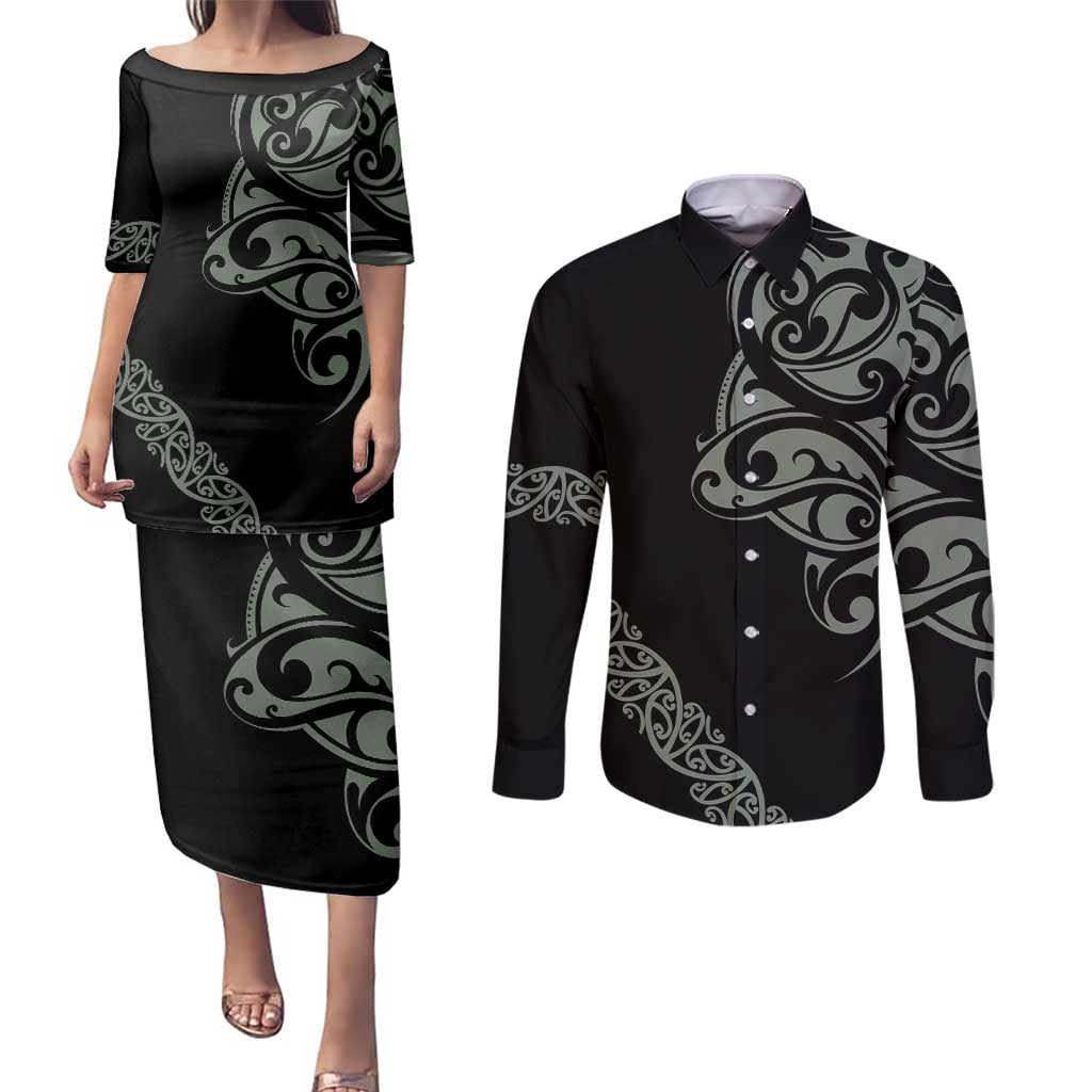All Black Maori Tribal Tattoo Personalised Couples Matching Puletasi and Long Sleeve Button Shirt Moss Green Polynesian Style - Polynesian Pride