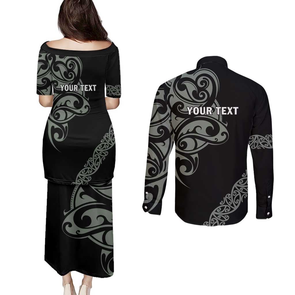 All Black Maori Tribal Tattoo Personalised Couples Matching Puletasi and Long Sleeve Button Shirt Moss Green Polynesian Style LT9 - Polynesian Pride