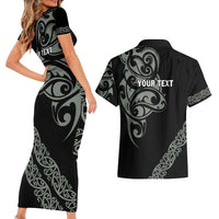 All Black Maori Tribal Tattoo Personalised Couples Matching Short Sleeve Bodycon Dress and Hawaiian Shirt Moss Green Polynesian Style LT9 - Polynesian Pride