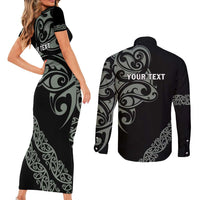 All Black Maori Tribal Tattoo Personalised Couples Matching Short Sleeve Bodycon Dress and Long Sleeve Button Shirt Moss Green Polynesian Style LT9 - Polynesian Pride