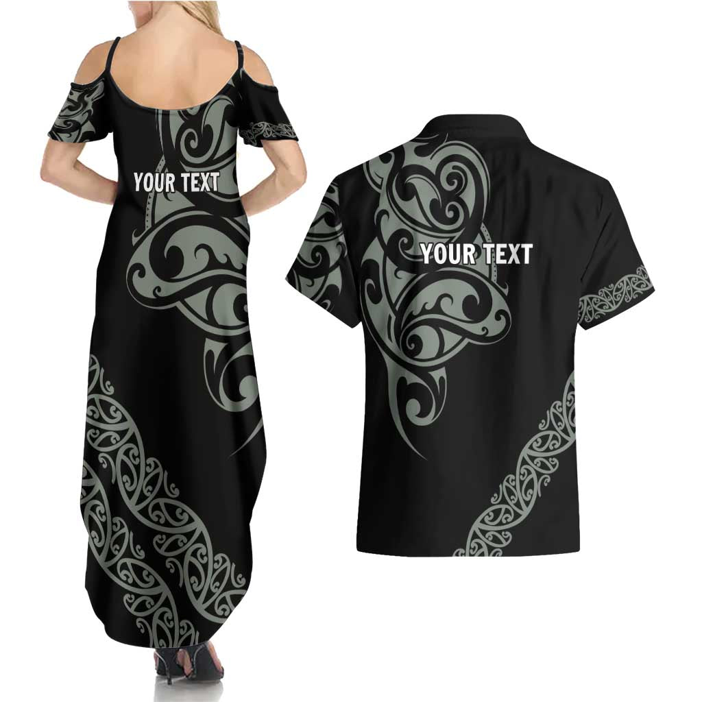 All Black Maori Tribal Tattoo Personalised Couples Matching Summer Maxi Dress and Hawaiian Shirt Moss Green Polynesian Style LT9 - Polynesian Pride