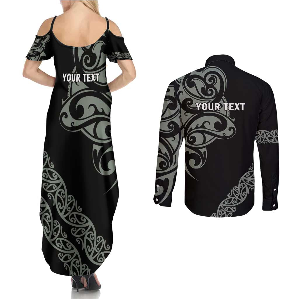 All Black Maori Tribal Tattoo Personalised Couples Matching Summer Maxi Dress and Long Sleeve Button Shirt Moss Green Polynesian Style LT9 - Polynesian Pride