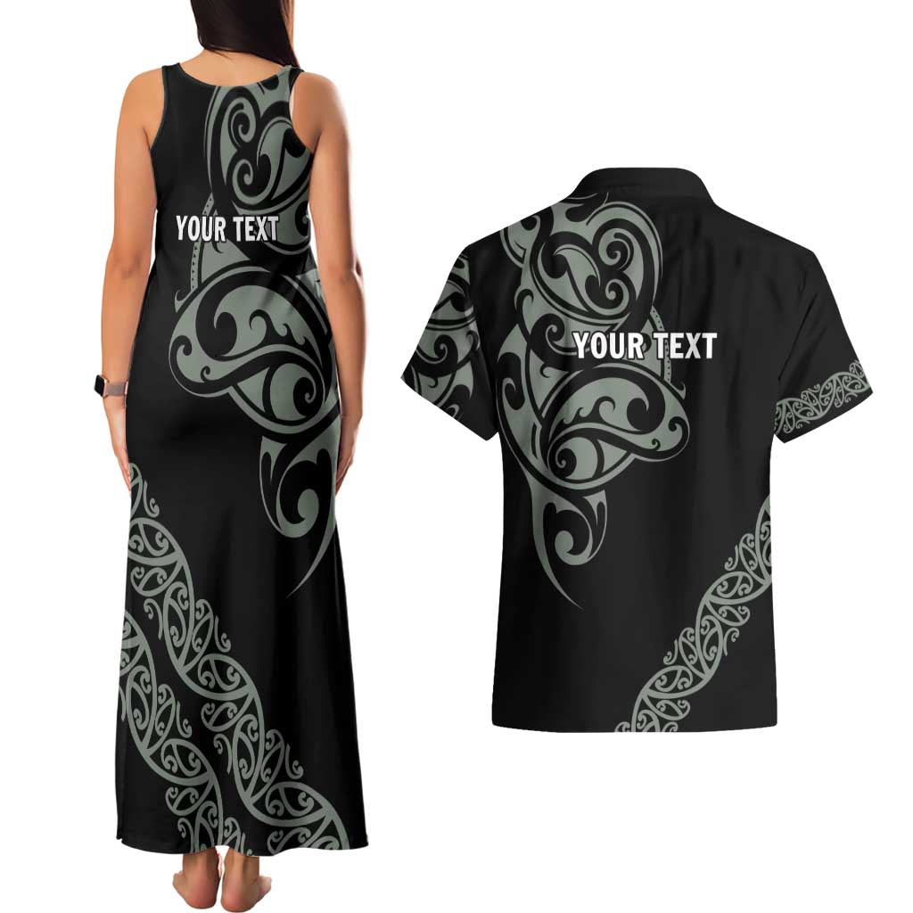 All Black Maori Tribal Tattoo Personalised Couples Matching Tank Maxi Dress and Hawaiian Shirt Moss Green Polynesian Style LT9 - Polynesian Pride