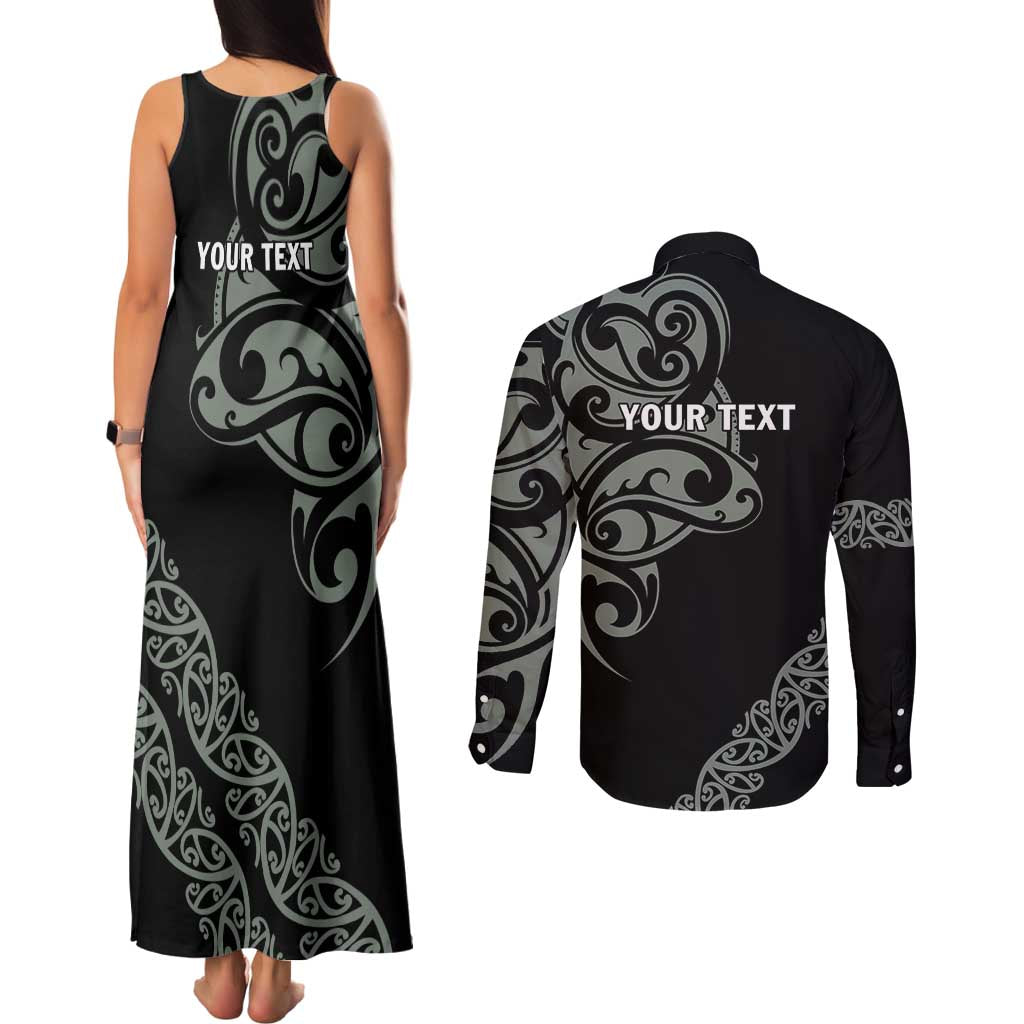 All Black Maori Tribal Tattoo Personalised Couples Matching Tank Maxi Dress and Long Sleeve Button Shirt Moss Green Polynesian Style LT9 - Polynesian Pride