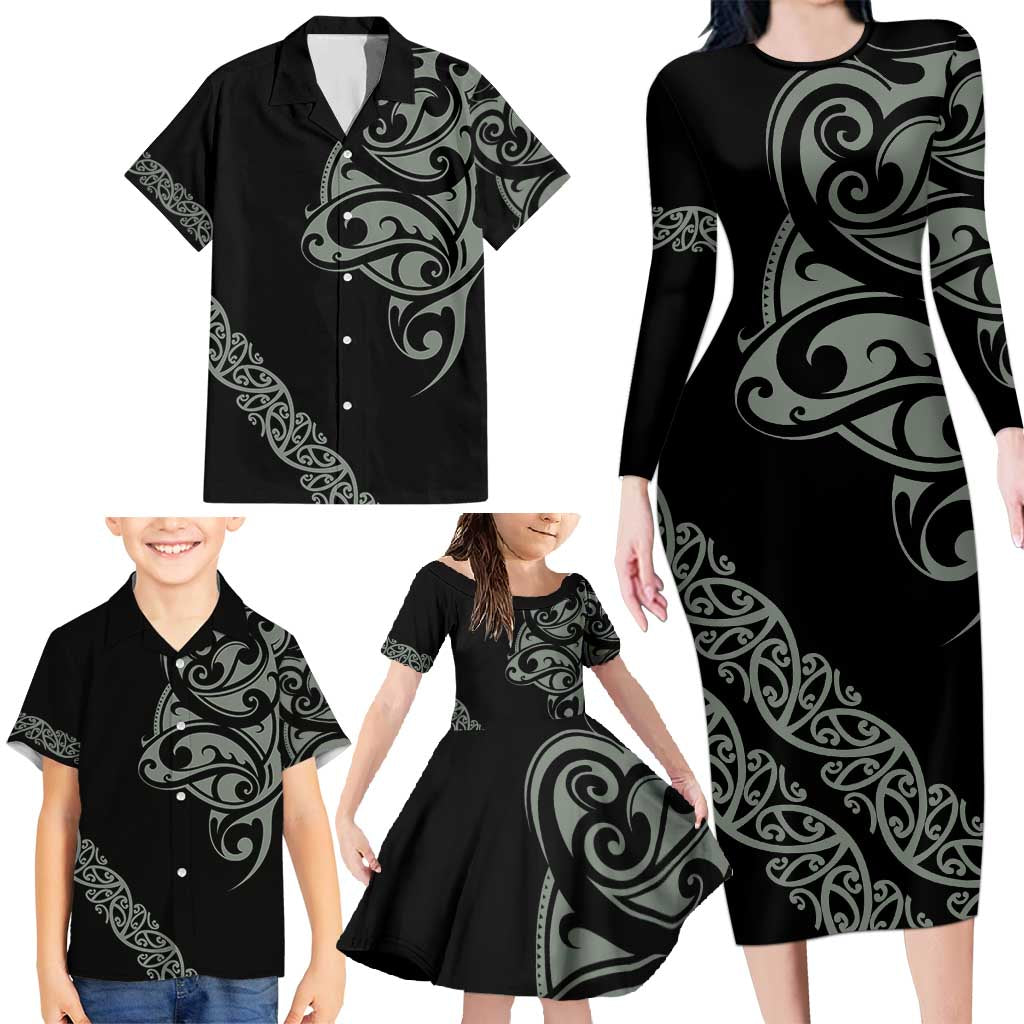 All Black Maori Tribal Tattoo Personalised Family Matching Long Sleeve Bodycon Dress and Hawaiian Shirt Moss Green Polynesian Style LT9 - Polynesian Pride