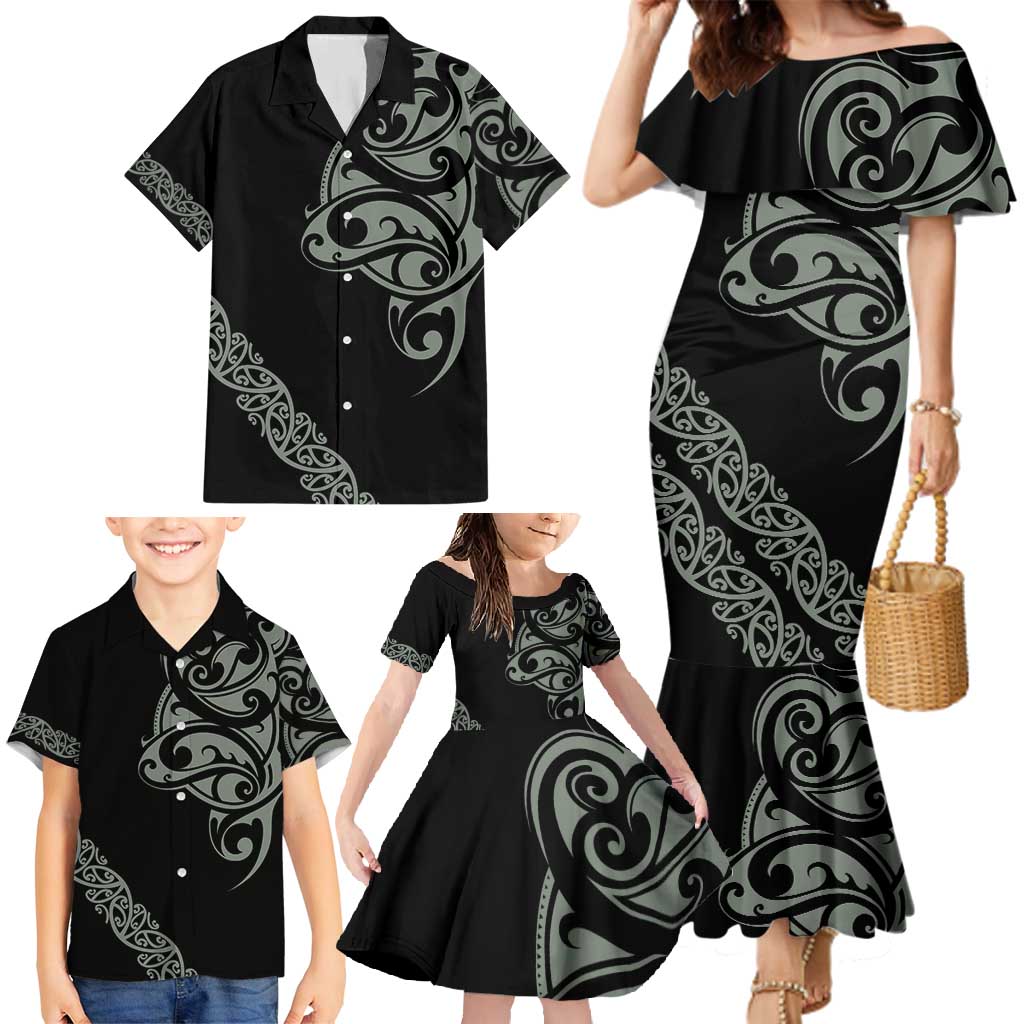 All Black Maori Tribal Tattoo Personalised Family Matching Mermaid Dress and Hawaiian Shirt Moss Green Polynesian Style LT9 - Polynesian Pride