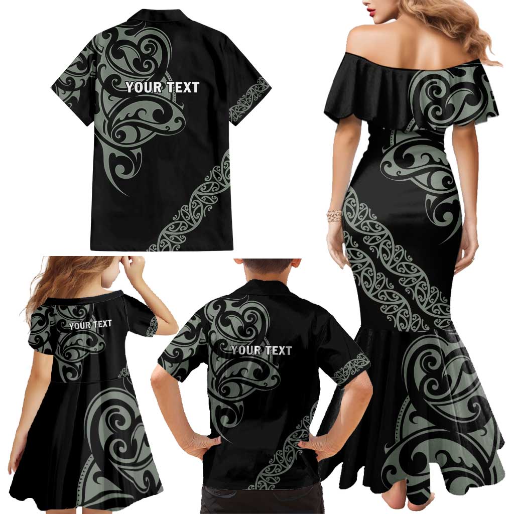 All Black Maori Tribal Tattoo Personalised Family Matching Mermaid Dress and Hawaiian Shirt Moss Green Polynesian Style LT9 - Polynesian Pride