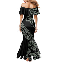 All Black Maori Tribal Tattoo Personalised Family Matching Mermaid Dress and Hawaiian Shirt Moss Green Polynesian Style LT9 - Polynesian Pride
