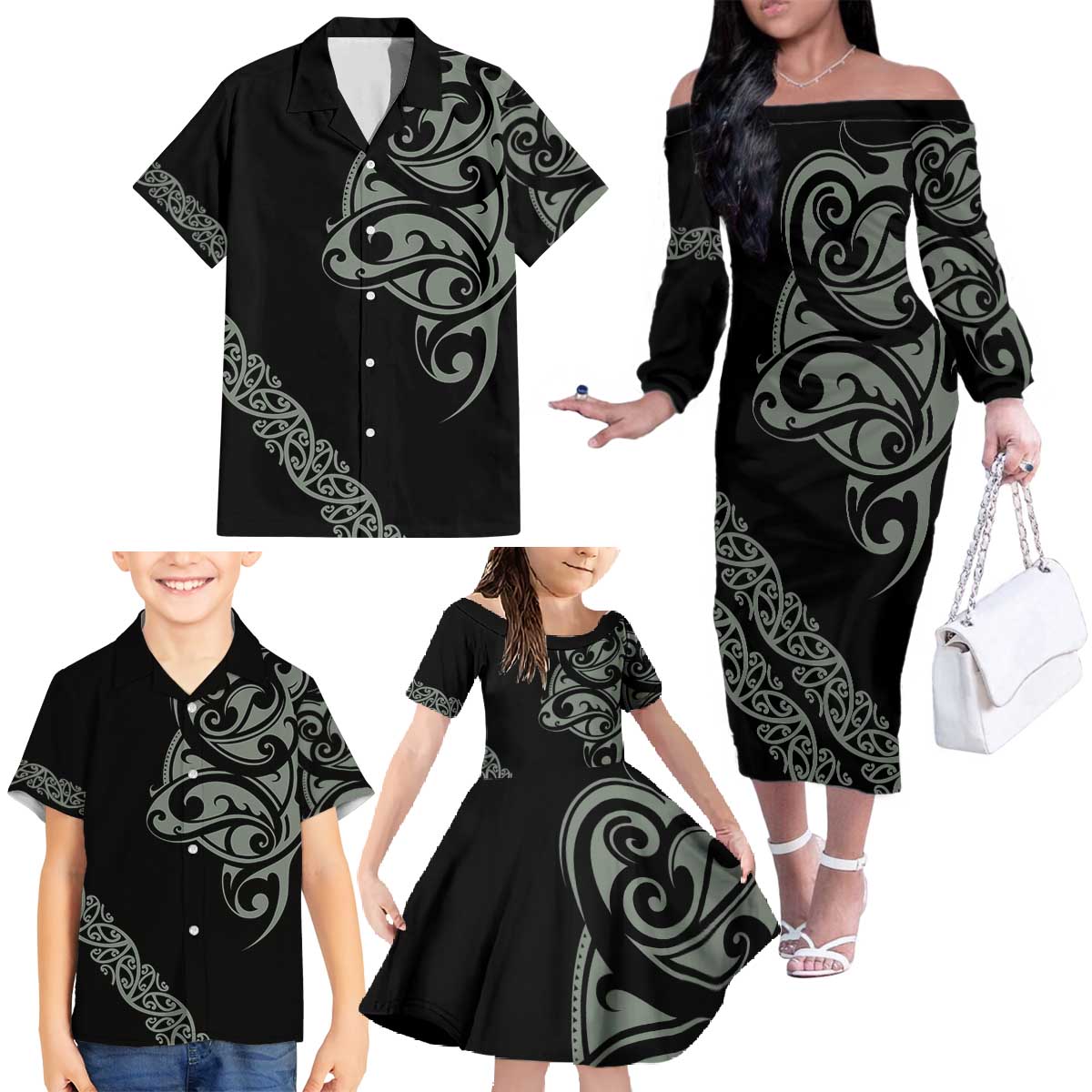 All Black Maori Tribal Tattoo Personalised Family Matching Off The Shoulder Long Sleeve Dress and Hawaiian Shirt Moss Green Polynesian Style LT9 - Polynesian Pride
