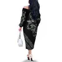 All Black Maori Tribal Tattoo Personalised Family Matching Off The Shoulder Long Sleeve Dress and Hawaiian Shirt Moss Green Polynesian Style LT9 - Polynesian Pride