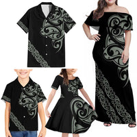 All Black Maori Tribal Tattoo Personalised Family Matching Off Shoulder Maxi Dress and Hawaiian Shirt Moss Green Polynesian Style LT9 - Polynesian Pride