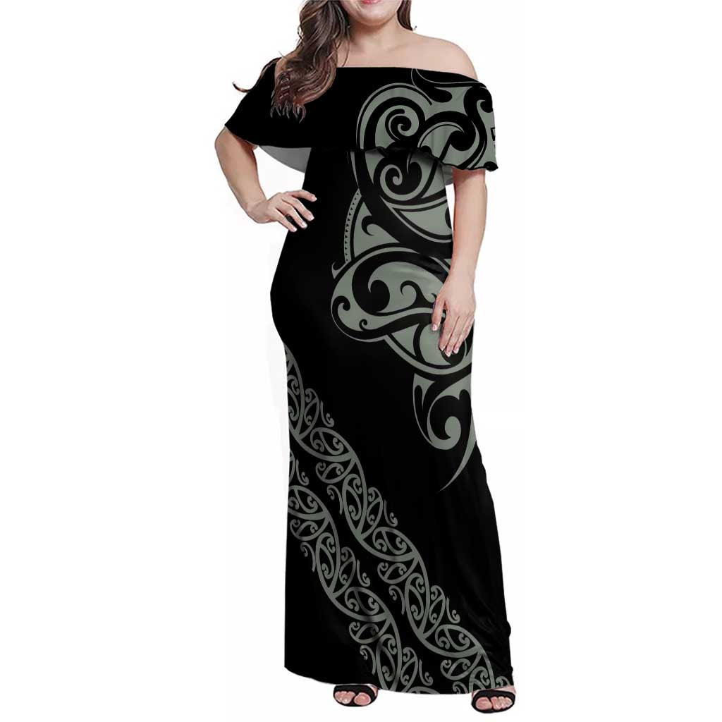 All Black Maori Tribal Tattoo Personalised Family Matching Off Shoulder Maxi Dress and Hawaiian Shirt Moss Green Polynesian Style LT9 Mom's Dress Green - Polynesian Pride